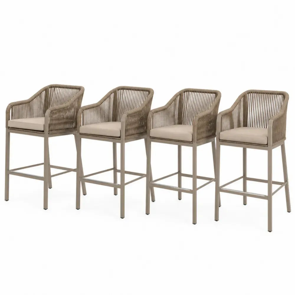 4er Set Barhocker mit Armlehnen Rückenlehne und Fußstütze PE-Seilgeflecht Polyesterkissen Stahlrahmen taupe cremeweiß beige je 57 x 58 x 108 cm