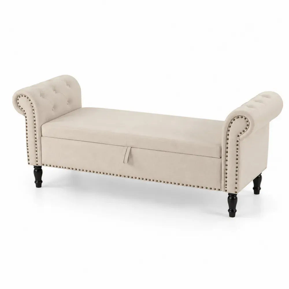 Sitzbank Schlafzimmerbank mit Stauraum rechteckig Polyesterbezug Kautschukholzbeine beige schwarz messingfarben 140 x 45 x 62 cm