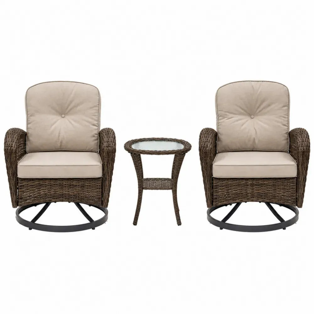 3-teiliges Gartenmöbel Set mit 2 drehbaren Gartensesseln und Beistelltisch PE Rattan Stahl Polyester Braun Beige Schwarz Sessel 72 x 78 x 92 cm Tisch 46 x 46 x 50 cm