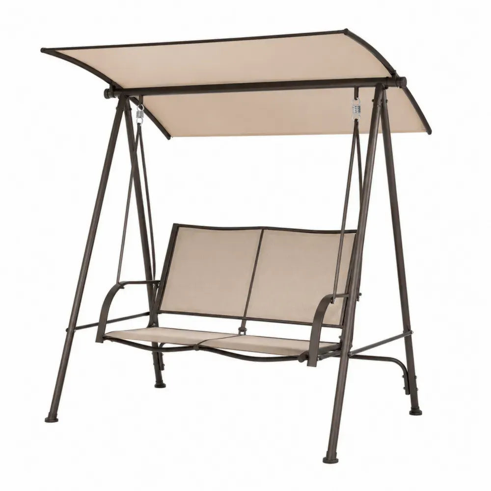 Hollywoodschaukel 2-Sitzer aus pulverbeschichtetem Stahlrohr und PVC-beschichtetem Polyestergewebe Beige Dunkelbraun 170 x 110 x 153 cm mit Sonnendach