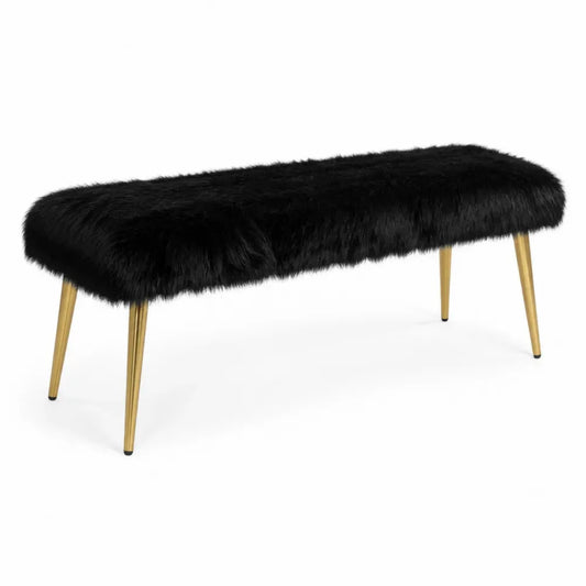 Schlafzimmerbank Sitzbank rechteckig mit Polyester-Kunstfell und Stahlbeinen schwarz goldfarben 120 x 38 x 45 cm