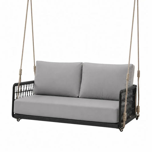 Hängesofa Gartenschaukel 2-Sitzer aus pulverbeschichtetem Stahl und Polypropylen-Seil Grau Schwarz Naturbeige 140 x 75 x 65 cm mit Polyesterkissen