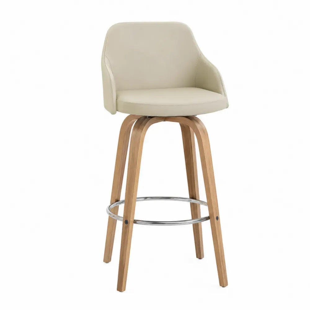 Barhocker mit Armlehnen PU-Kunstleder Schalensitz Buchenholzgestell und Chromfußstütze Creme Naturfarben Chromfarben Schwarz 54 x 56 x 103 cm