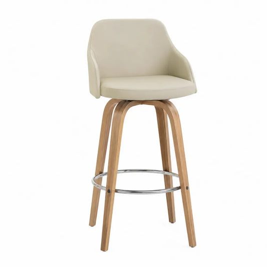 Barhocker mit Armlehnen PU-Kunstleder Schalensitz Buchenholzgestell und Chromfußstütze Creme Naturfarben Chromfarben Schwarz 54 x 56 x 103 cm