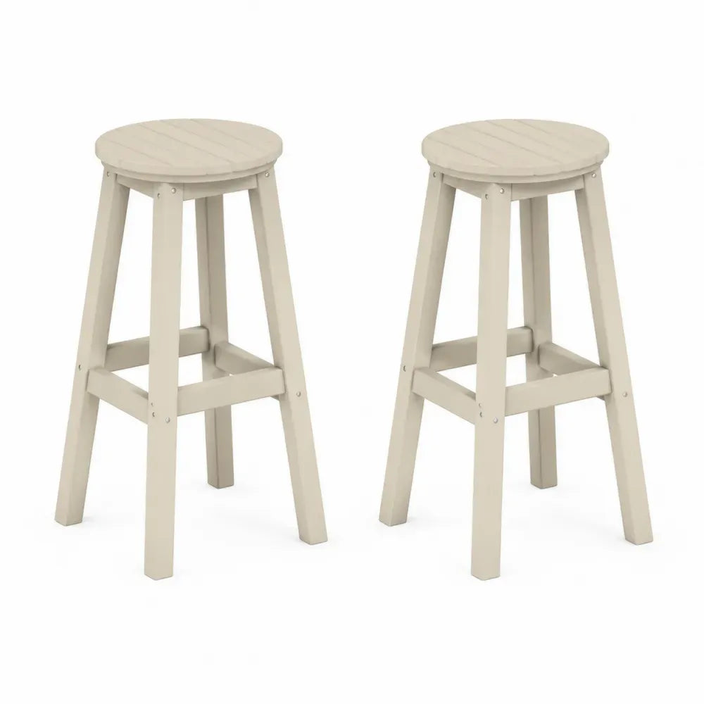 Barhocker 2er Set ohne Rückenlehne mit runder Sitzfläche aus Gummibaum-Massivholz Creme je 42 x 42 x 75 cm