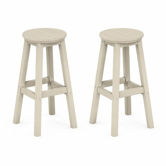 Barhocker 2er Set ohne Rückenlehne mit runder Sitzfläche aus Gummibaum-Massivholz Creme je 42 x 42 x 75 cm