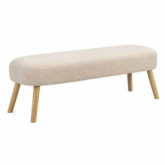 Schlafzimmerbank Polsterbank oval mit Polyester-Bouclé-Bezug und Gummibaum-Massivholzbeinen Beige Naturbraun 120 x 40 x 45 cm