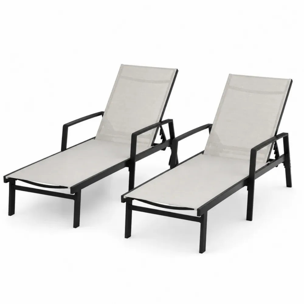 Sonnenliegen 2er Set mit Armlehnen aus pulverbeschichtetem Aluminium und PVC-beschichtetem Polyestergewebe Beige Schwarz 196 x 65 x 98 cm je Liege