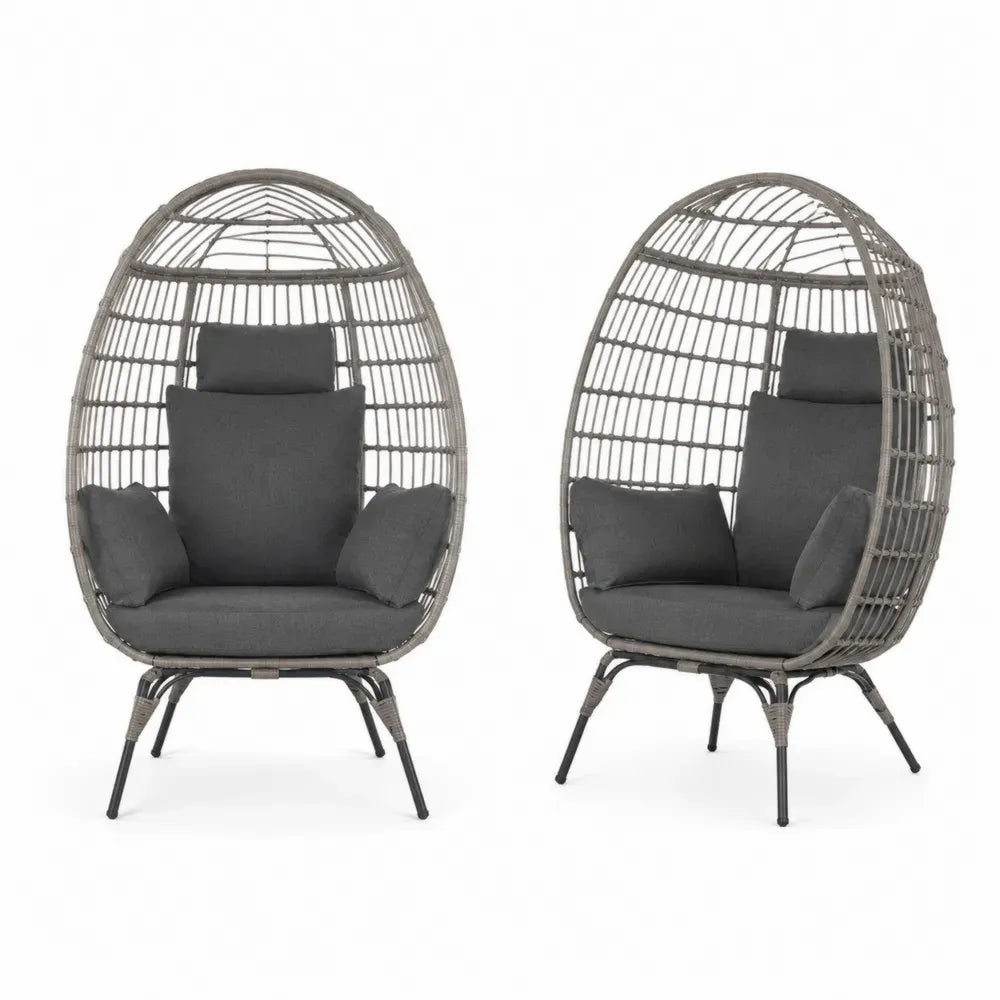 Gartensessel Eiersessel 2er Set mit Kissen PE Rattan Polyester pulverbeschichtetem Stahl Grau Dunkelgrau Schwarz 105 x 92 x 155 cm