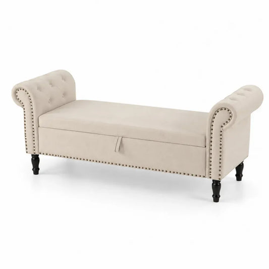 Sitzbank Schlafzimmerbank mit Stauraum rechteckig Polyesterbezug Kautschukholzbeine beige schwarz messingfarben 140 x 45 x 62 cm