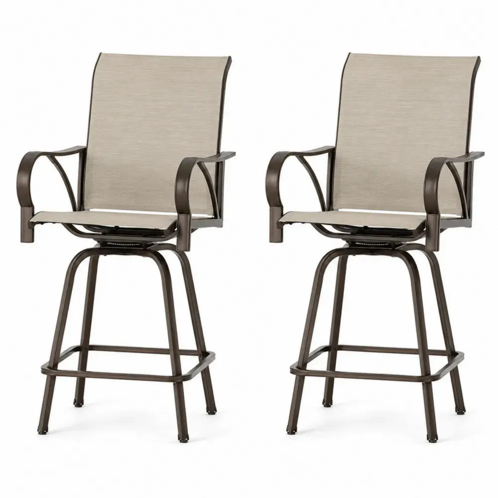Barhocker 2er Set mit Armlehnen Fußstütze Drehfunktion PVC beschichtetem Polyestergewebe pulverbeschichtetem Stahlgestell Beige Dunkelbraun 61 x 66 x 117 cm