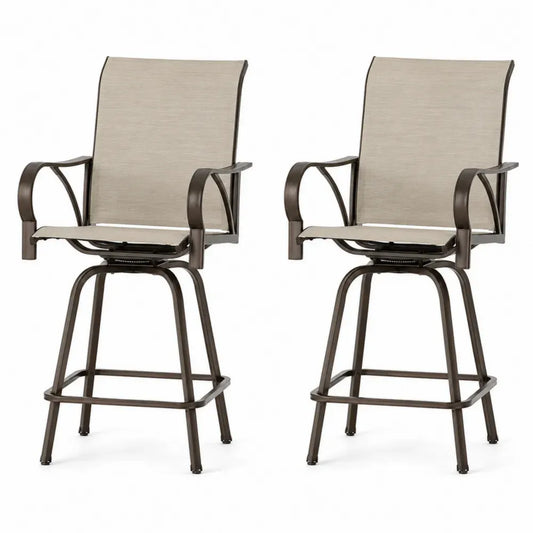 Barhocker 2er Set mit Armlehnen Fußstütze Drehfunktion PVC beschichtetem Polyestergewebe pulverbeschichtetem Stahlgestell Beige Dunkelbraun 61 x 66 x 117 cm