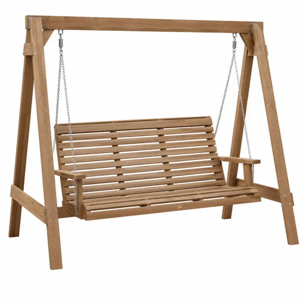Gartenschaukel 3-Sitzer mit A-Gestell 220 x 130 x 185 cm massives Akazienholz rechteckige Sitzbank Braun verzinkte Stahlketten