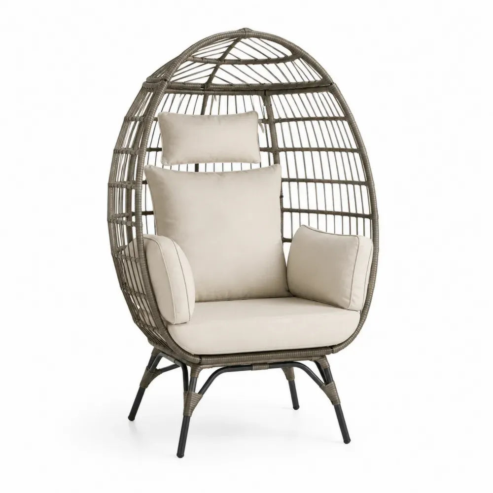 Gartensessel Eiersessel aus Polyethylen-Rattan und Stahl eiförmig Grau Beige Schwarz 95 x 86 x 170 cm mit Kissen