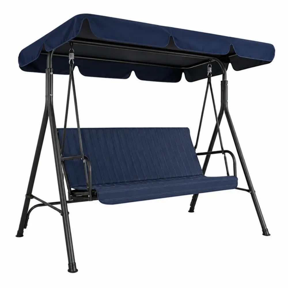 Hollywoodschaukel 3-Sitzer mit Sonnendach 170 x 110 x 153 cm Stahlrohr Polyester-Oxfordgewebe gepolstert Dunkelblau Schwarz