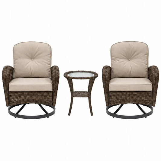 3-teiliges Gartenmöbel Set mit 2 drehbaren Gartensesseln und Beistelltisch PE Rattan Stahl Polyester Braun Beige Schwarz Sessel 72 x 78 x 92 cm Tisch 46 x 46 x 50 cm