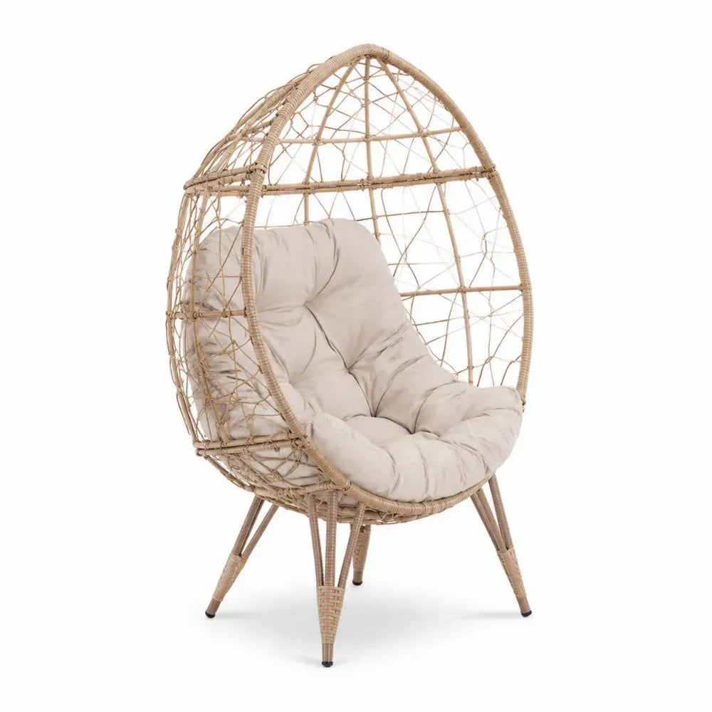 Gartenstuhl Loungesessel Eiform mit Polsterauflage PE Rattan Polyesterseil Stahlrahmen Naturbeige Beige 95 x 85 x 150 cm