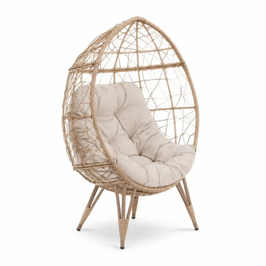 Gartenstuhl Loungesessel Eiform mit Polsterauflage PE Rattan Polyesterseil Stahlrahmen Naturbeige Beige 95 x 85 x 150 cm