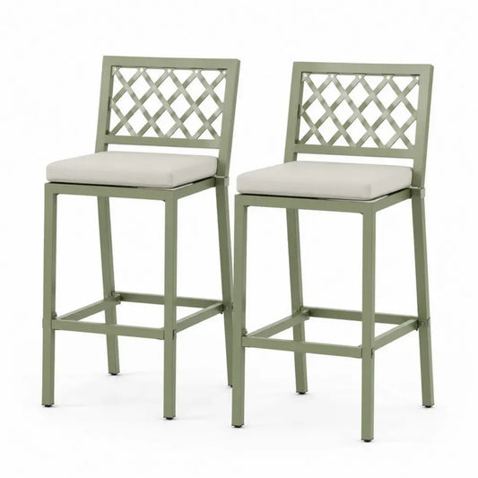 Barhocker 2er Set mit Rückenlehne Fußstütze Kreuzgitter pulverbeschichteter Stahl Polyester Polster Salbeigrün Beige 48 x 52 x 106 cm