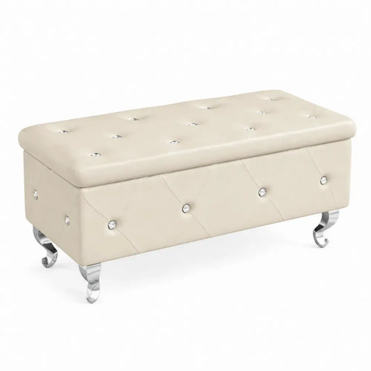 Schlafzimmerbank Sitzbank mit Stauraum rechteckig aus PU-Kunstleder MDF und verchromtem Stahl Creme Silberfarben 110 x 40 x 45 cm