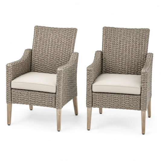 Gartensessel 2er Set mit Armlehnen Sitzkissen PE Rattan Akazienholzbeinen Grau-Beige Cremeweiß Naturfarben Schwarz 61 x 65 x 94 cm