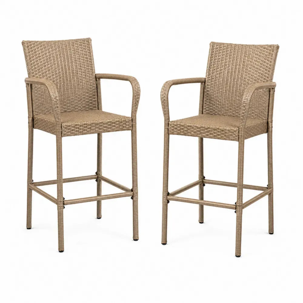 Barhocker 2er Set mit Armlehnen und Rückenlehne aus PE-Rattan und Stahlrohr Beige Schwarz je 56 x 58 x 112 cm