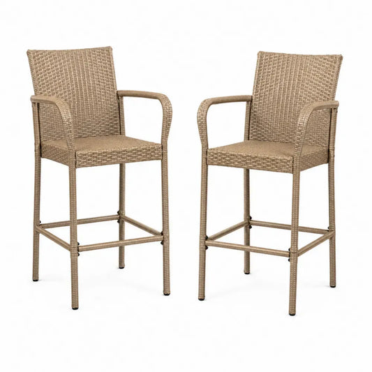 Barhocker 2er Set mit Armlehnen und Rückenlehne aus PE-Rattan und Stahlrohr Beige Schwarz je 56 x 58 x 112 cm